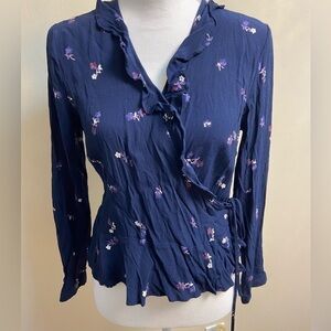 Rails Simone blouse navy blue floral true wrap long sleeves. Large